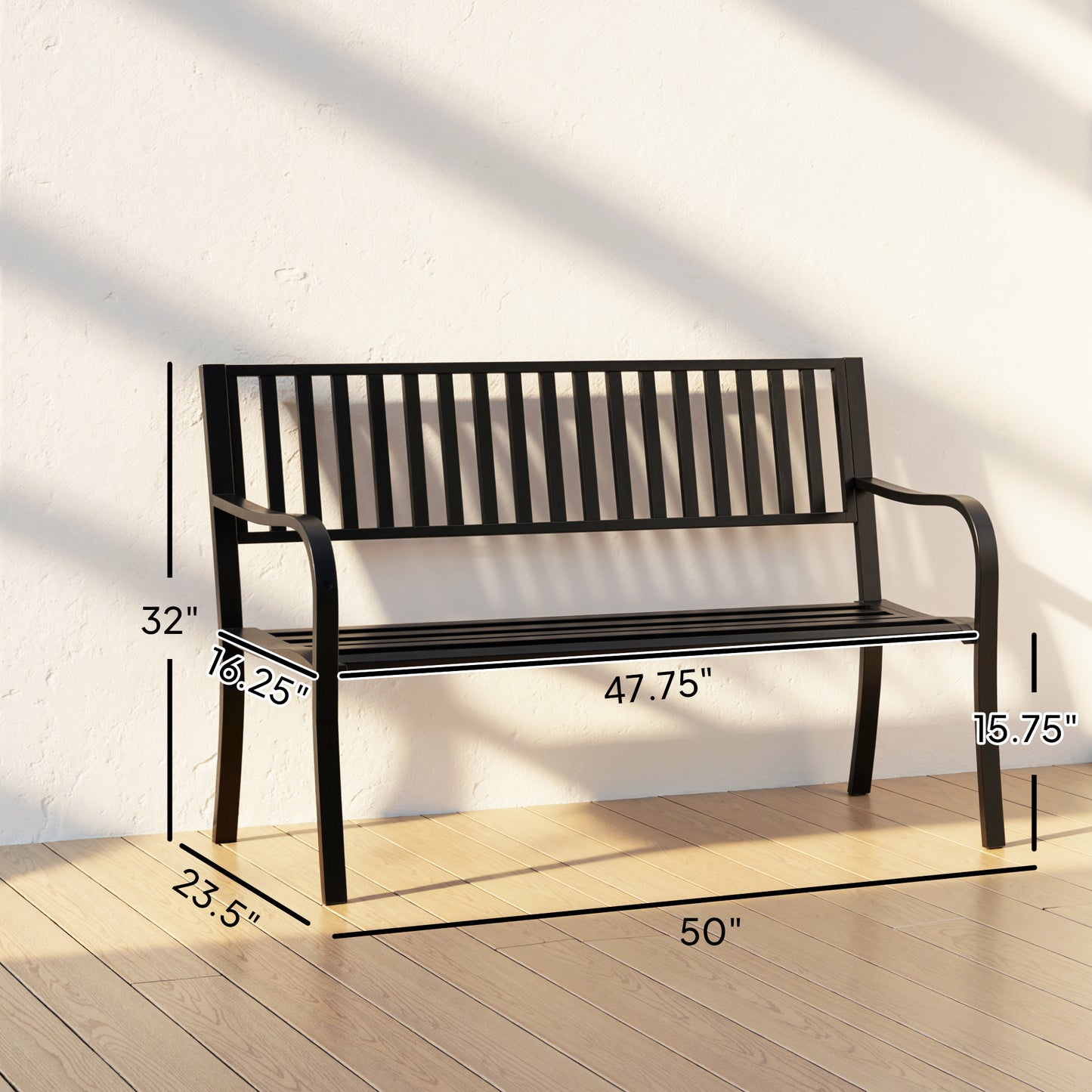 50" Outdoor Patio Bench - Slatted Steel Garden Seating - Black