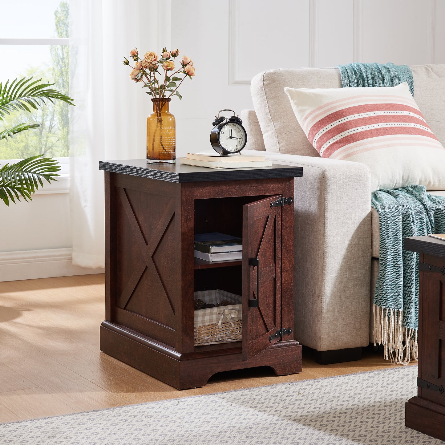Rustic Farmhouse End Table with Barn Door and Adjustable Shelf - Oak