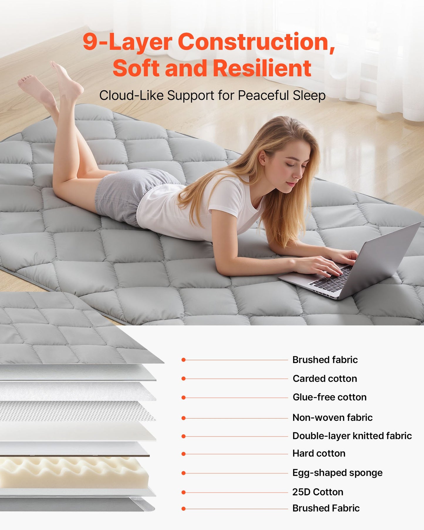 Foldable Japanese Tatami Mattress Twin Size with Storage Bag & Fastener, 9-Layer Support, for Sleeping Yoga Meditation
