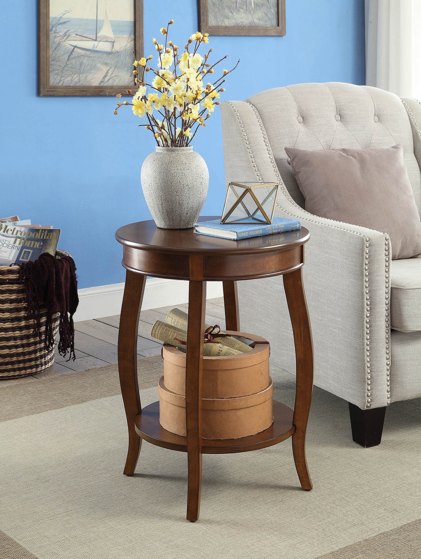 Walnut Finish Accent Table with Open Storage Shelf