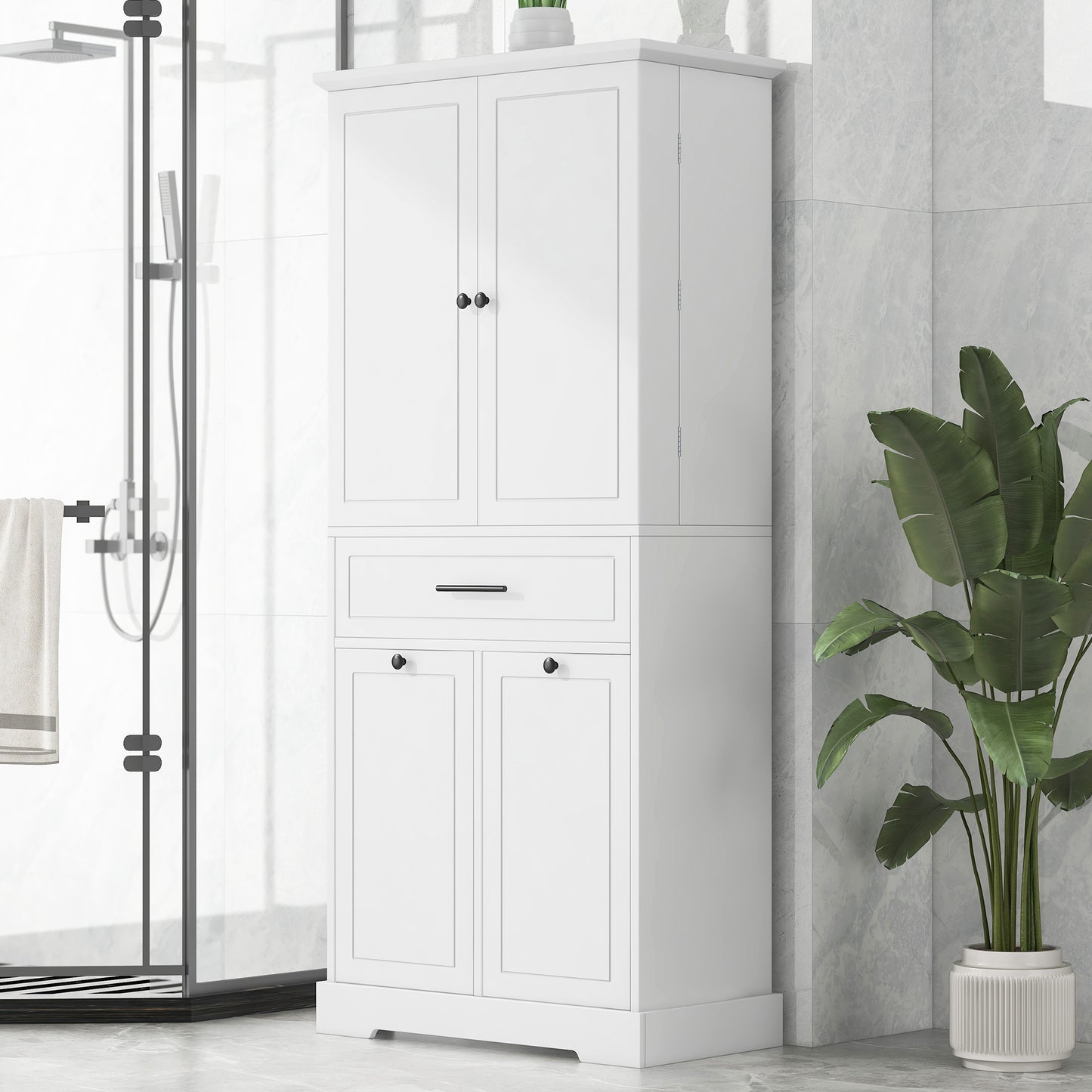 Freestanding Bathroom Storage Cabinet with Tilt-Out Hamper - White