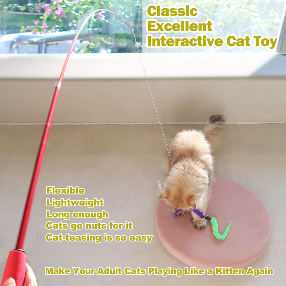 Interactive Cat Toys Set with Retractable Wand & Feather Refills - Multicolor