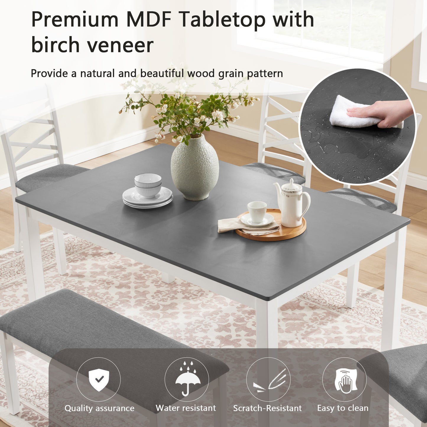 6-Piece Modern Dining Table Set with Bench - Grey & White