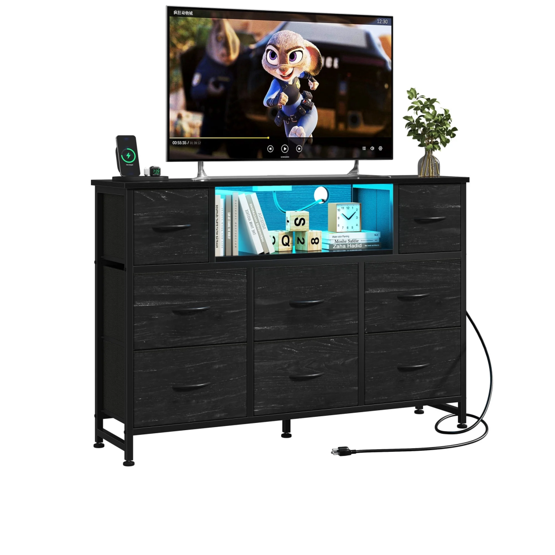 Storage Cabinet with 8 Fabric Drawers and Electrical Socket