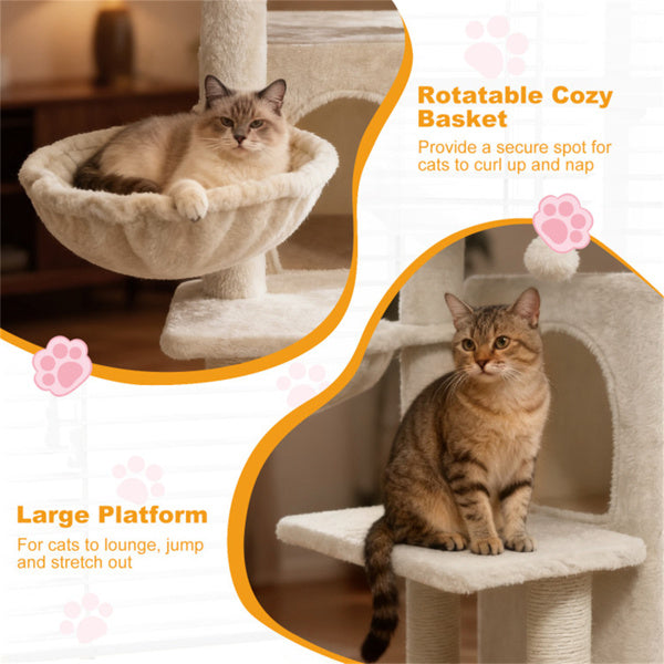 Beige Multi-Level Cat Tree with 2-Tier Condo, Sisal Posts & Wall Mount for Cats