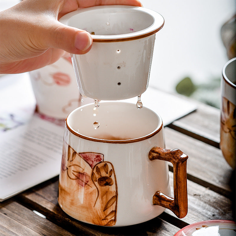 Japanese Style Hand Drawn Cat Ceramic Coffee Cup - Scented Tea Mug