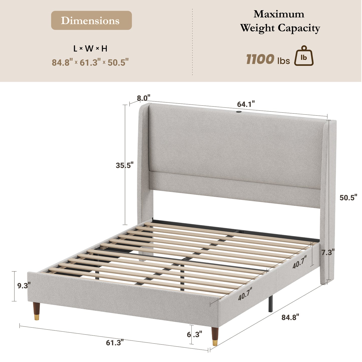 Queen Size Upholstered Bed Frame with USB Ports - Grey