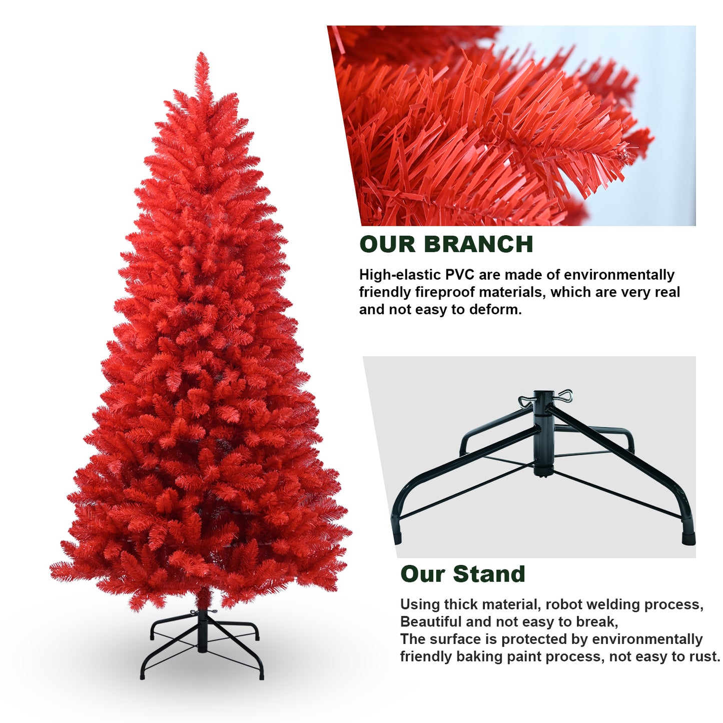 6ft Red Artificial Christmas Tree with Hinged Base & 804 Tips