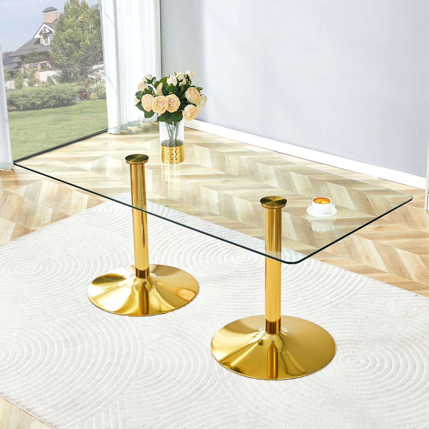 Modern Minimalist Glass Dining Table - 71x35.4 Inches, Gold Legs