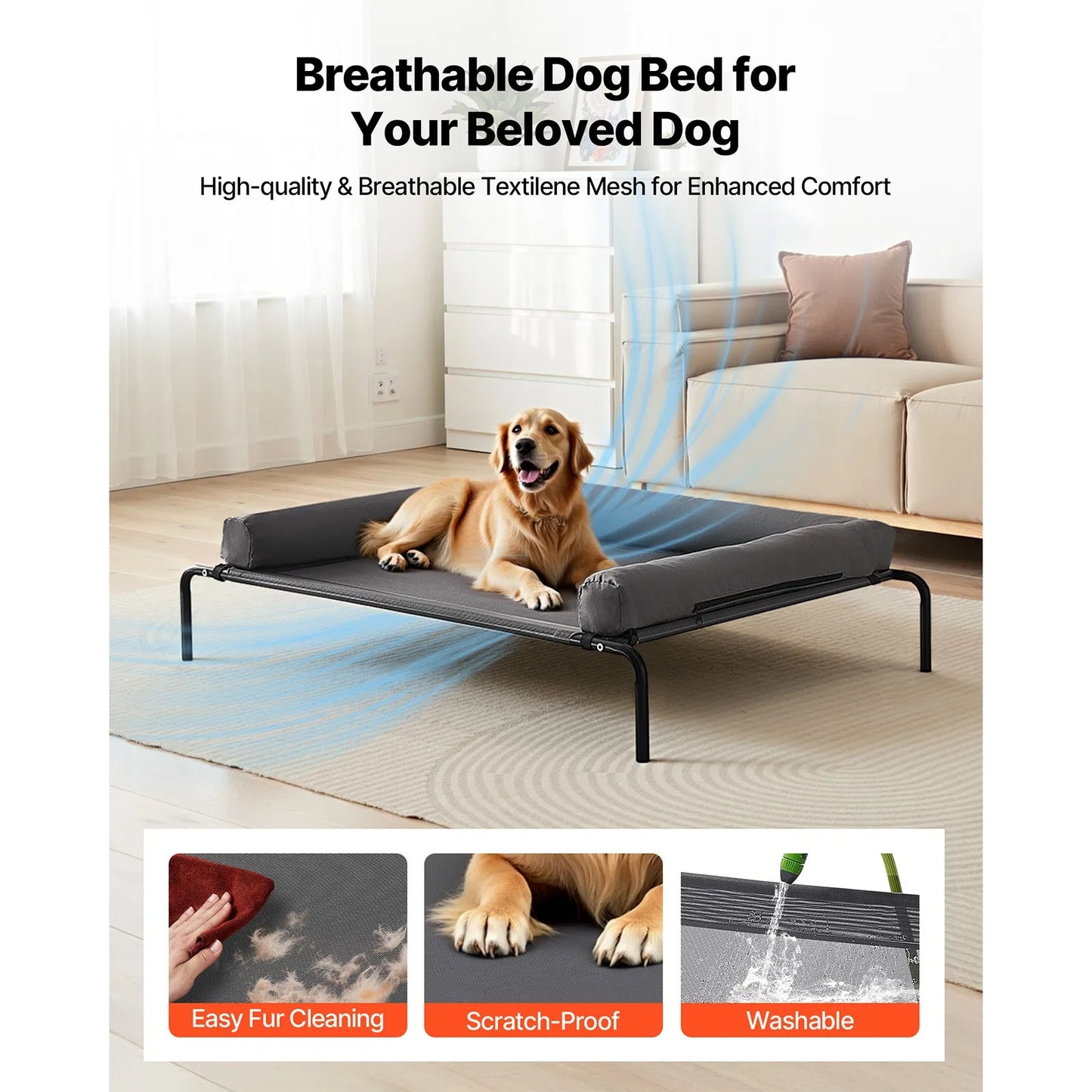 Large Elevated Dog Bed with Breathable Mesh and Washable Pillow - Indoor & Outdoor