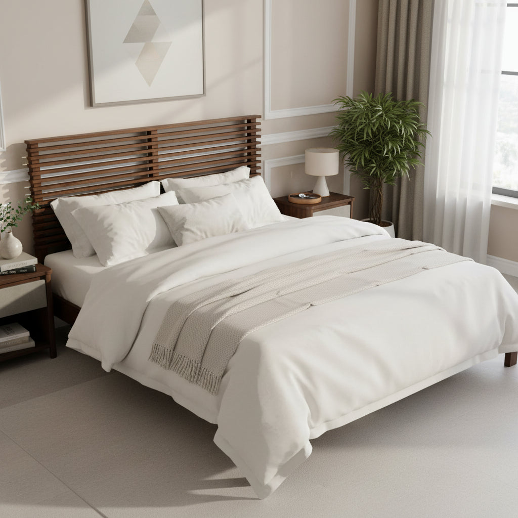Premium Solid Wood Queen Size Platform Bed Frame With Horizontal Slat