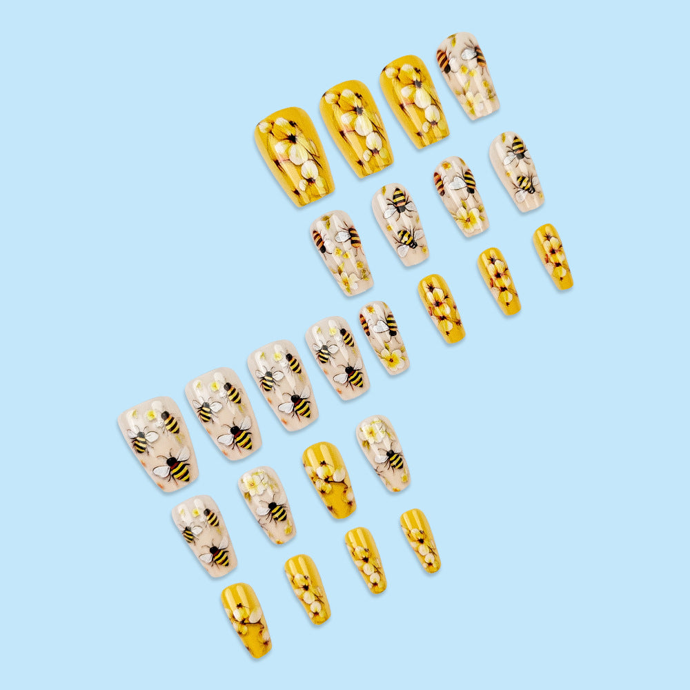 24-Piece Long Coffin-Shaped Fake Nail Set with Flower and Bee Designs
