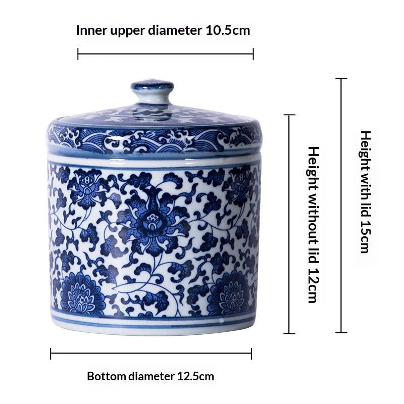Blue and White Ceramic Tea Jar with Lid - Chinese Style Home Storage