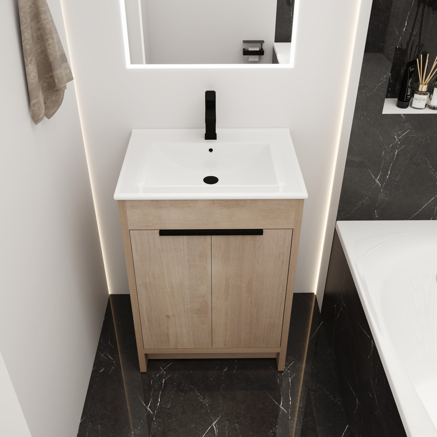 Freestanding Bathroom Vanity With White Ceramic Sink & 2 Soft-Close
