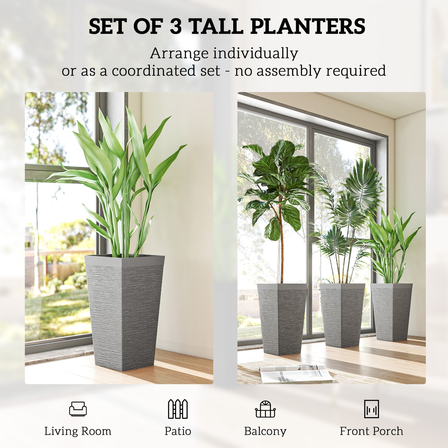 Outdoor Plant Pots Set of 3 with Wheels - 22.8 Inch Tapered Planters, Stone Finish, Drainage Holes, Gray