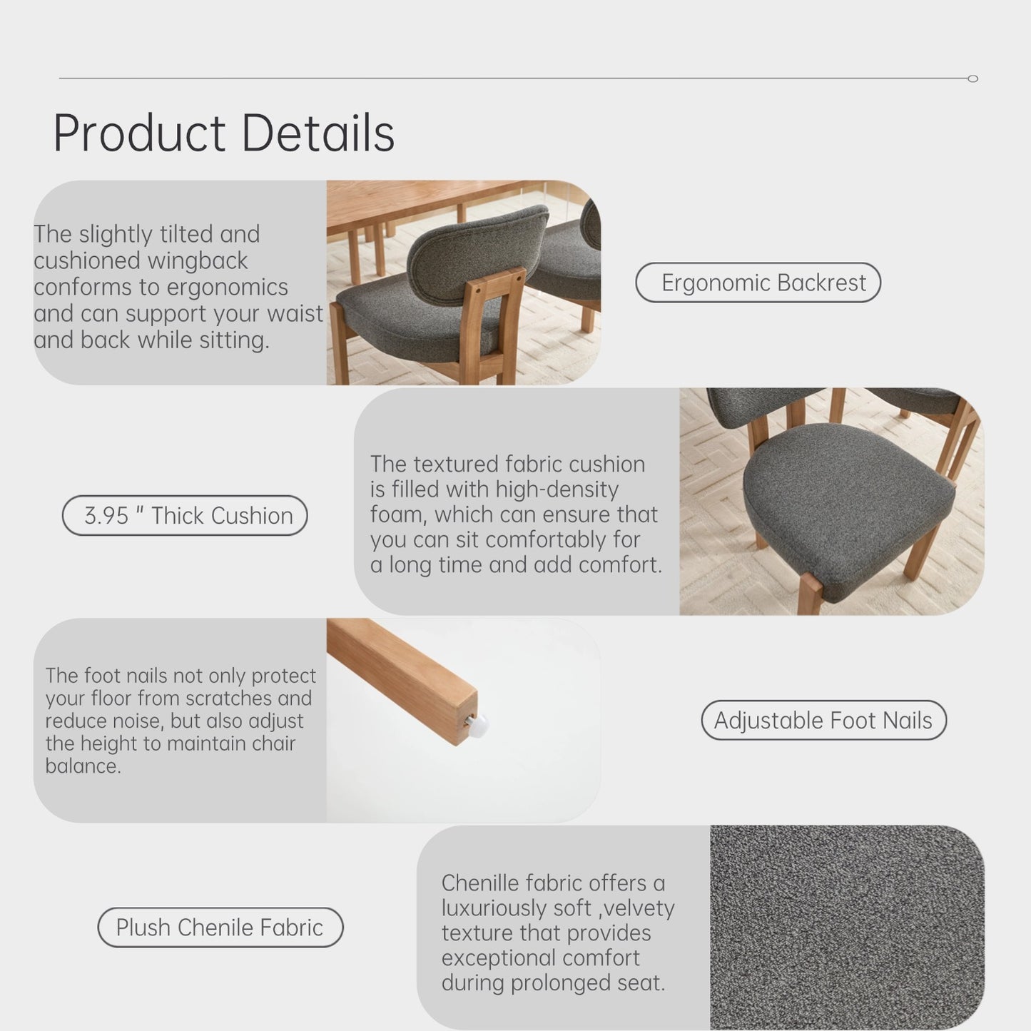 Set of 2 Modern Fabric Upholstered Dining Chairs - Grey