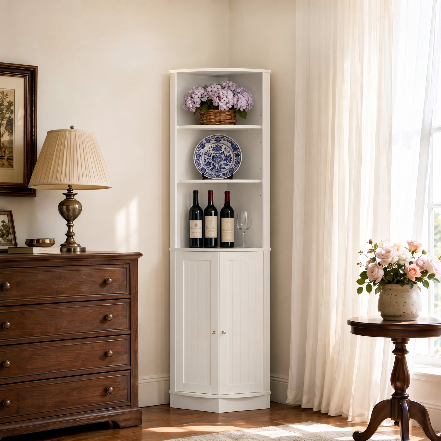 67" Tall Corner Cabinet with 2 Doors and Adjustable Shelves - White