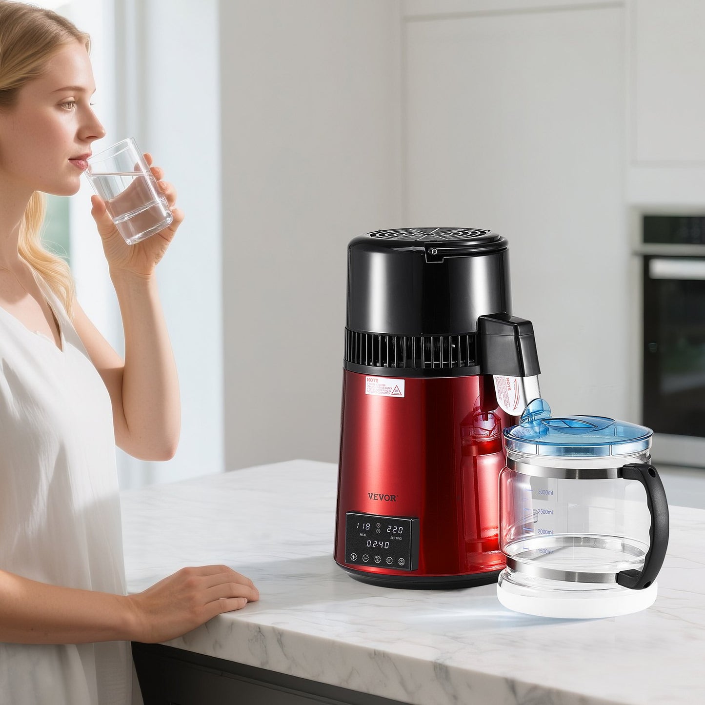 4L Water Distiller Machine with Stainless Steel & Glass - Home Countertop Purifier, Red