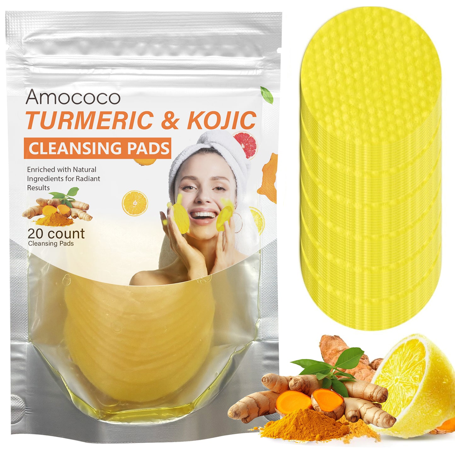 Turmeric & Kojic Acid Cleansing Pads - 20 Count Brightening Skin Exfoliator