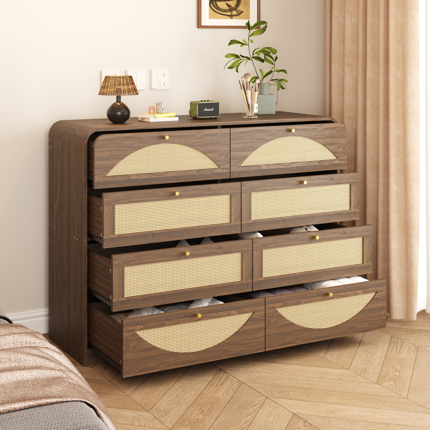 Walnut 8-Drawer Dresser with Rattan Front - Modern Storage Cabinet