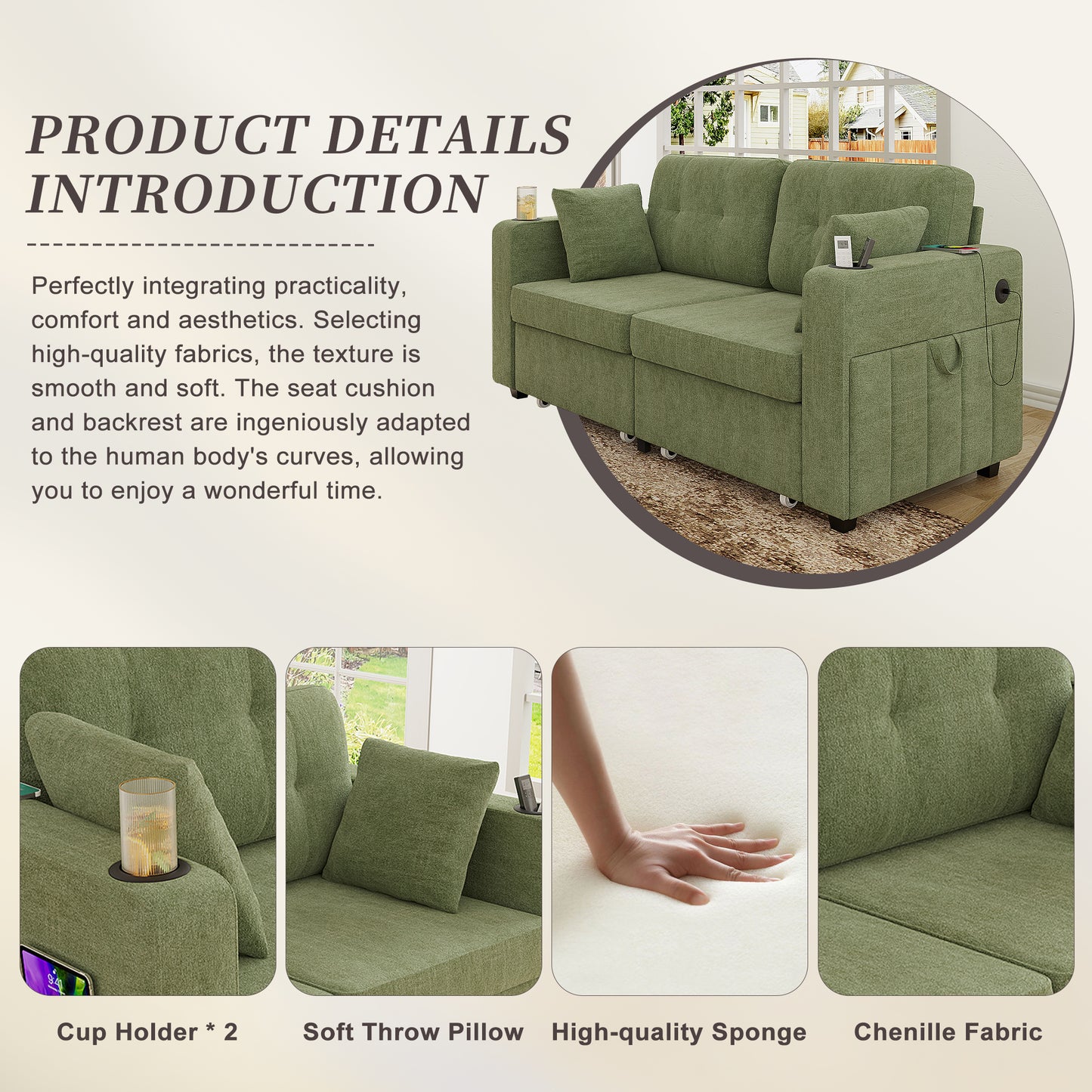 Modern 3-Seater Sofa with USB Charging & Storage - Olive