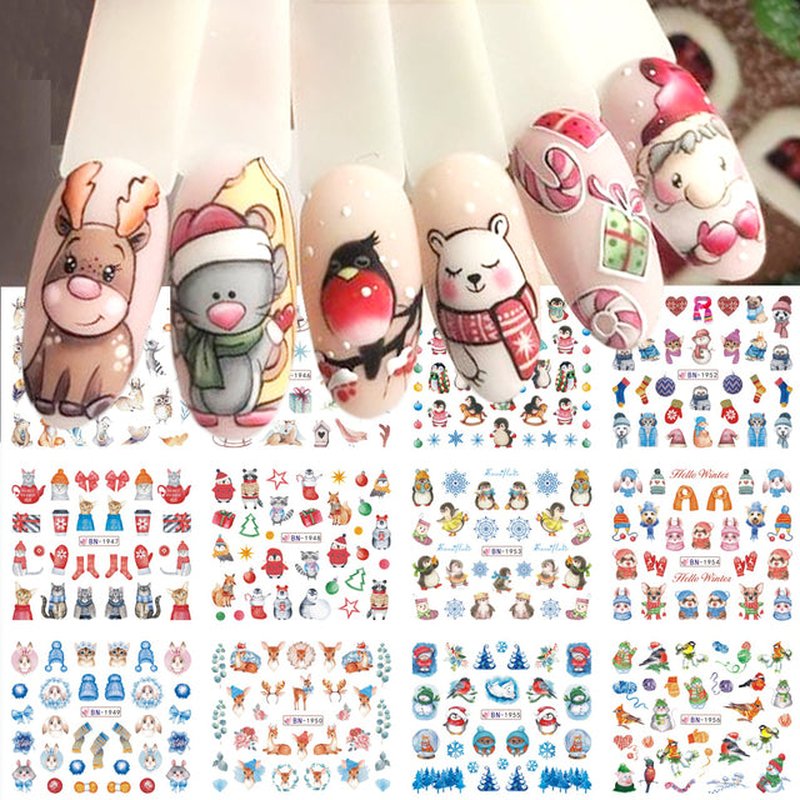 12pcs Cute Christmas Nail Stickers Cartoon Animal Design