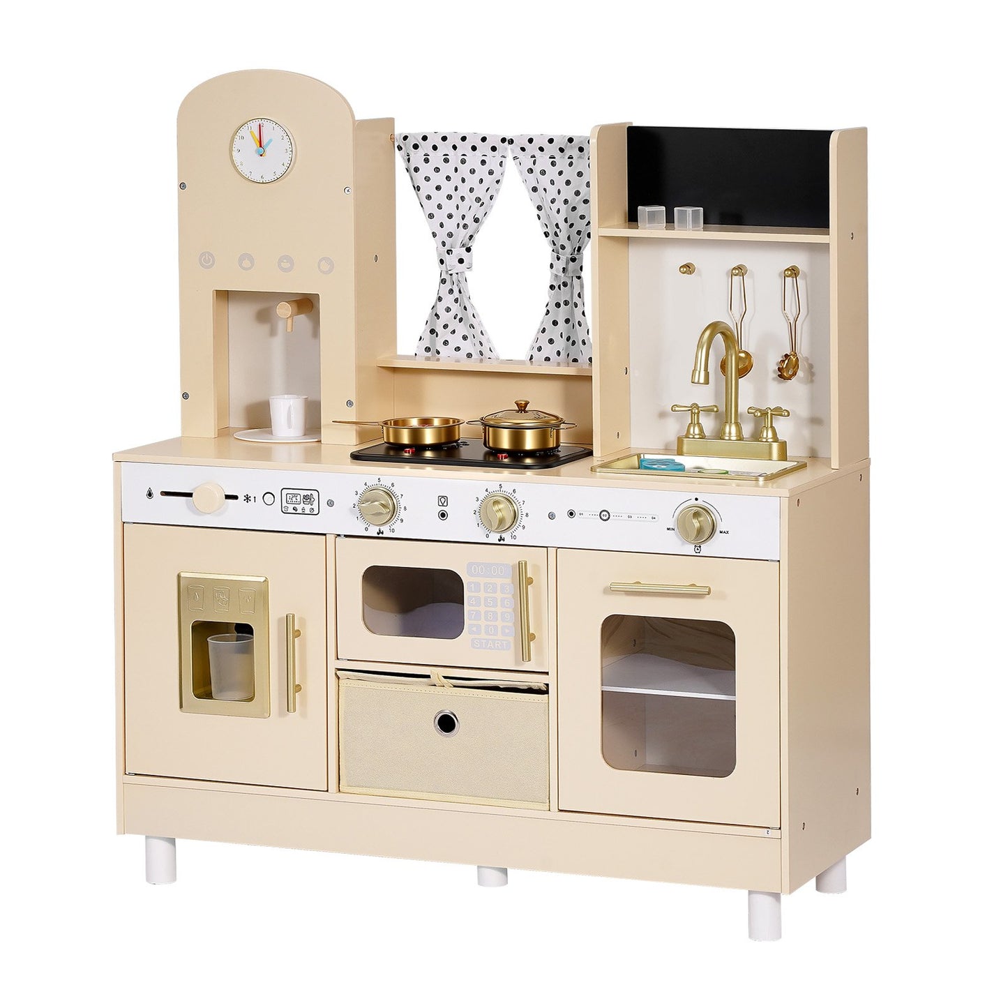 Wooden Play Kitchen Set for Kids with Lights & Sounds - Pretend Food & Cookware