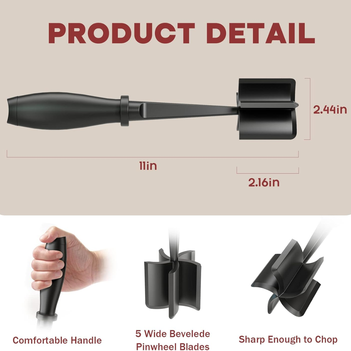 Premium Meat Chopper with 5 Beveled Blades - Black