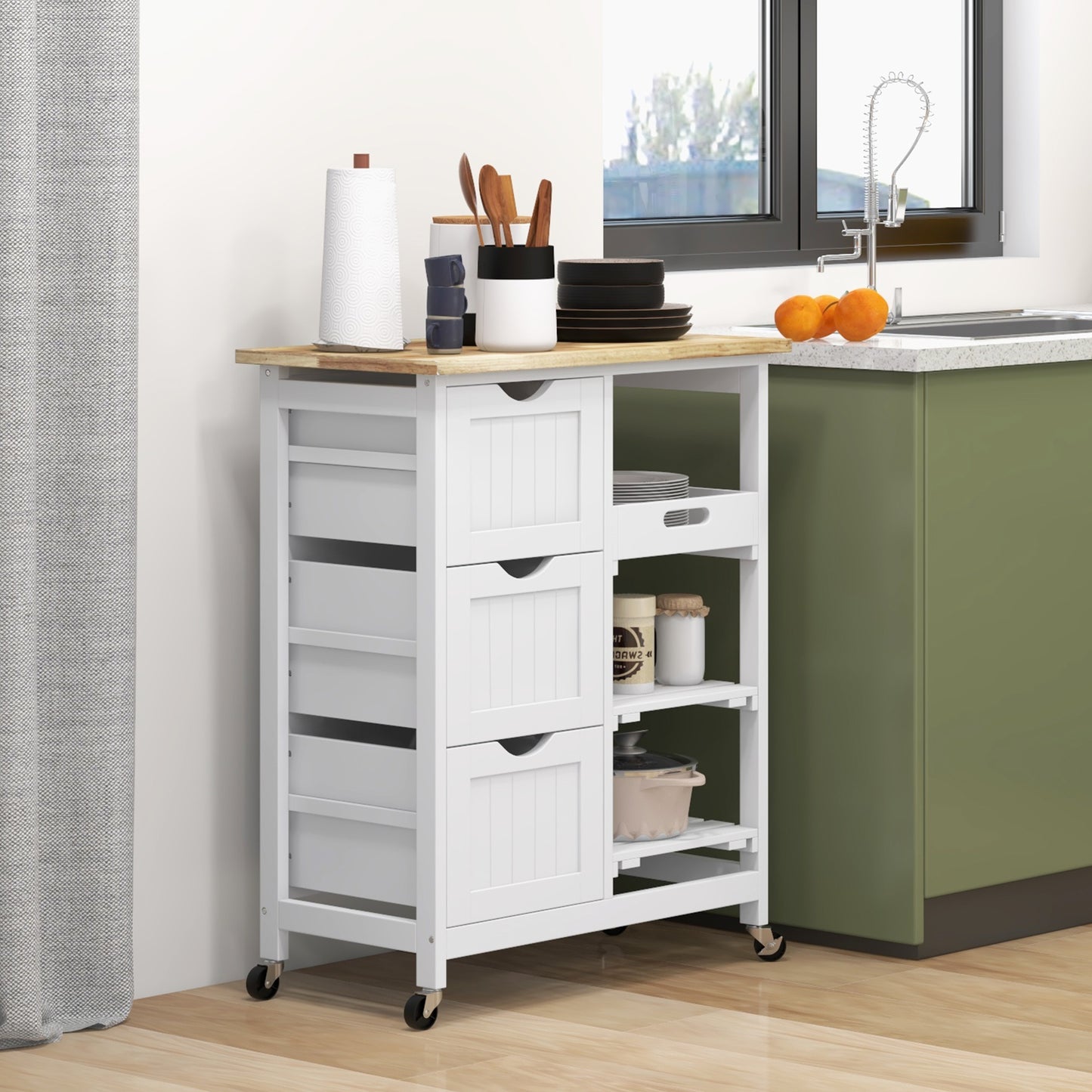 Rolling Kitchen Cart with Wood Top, Shelves & Drawers - White