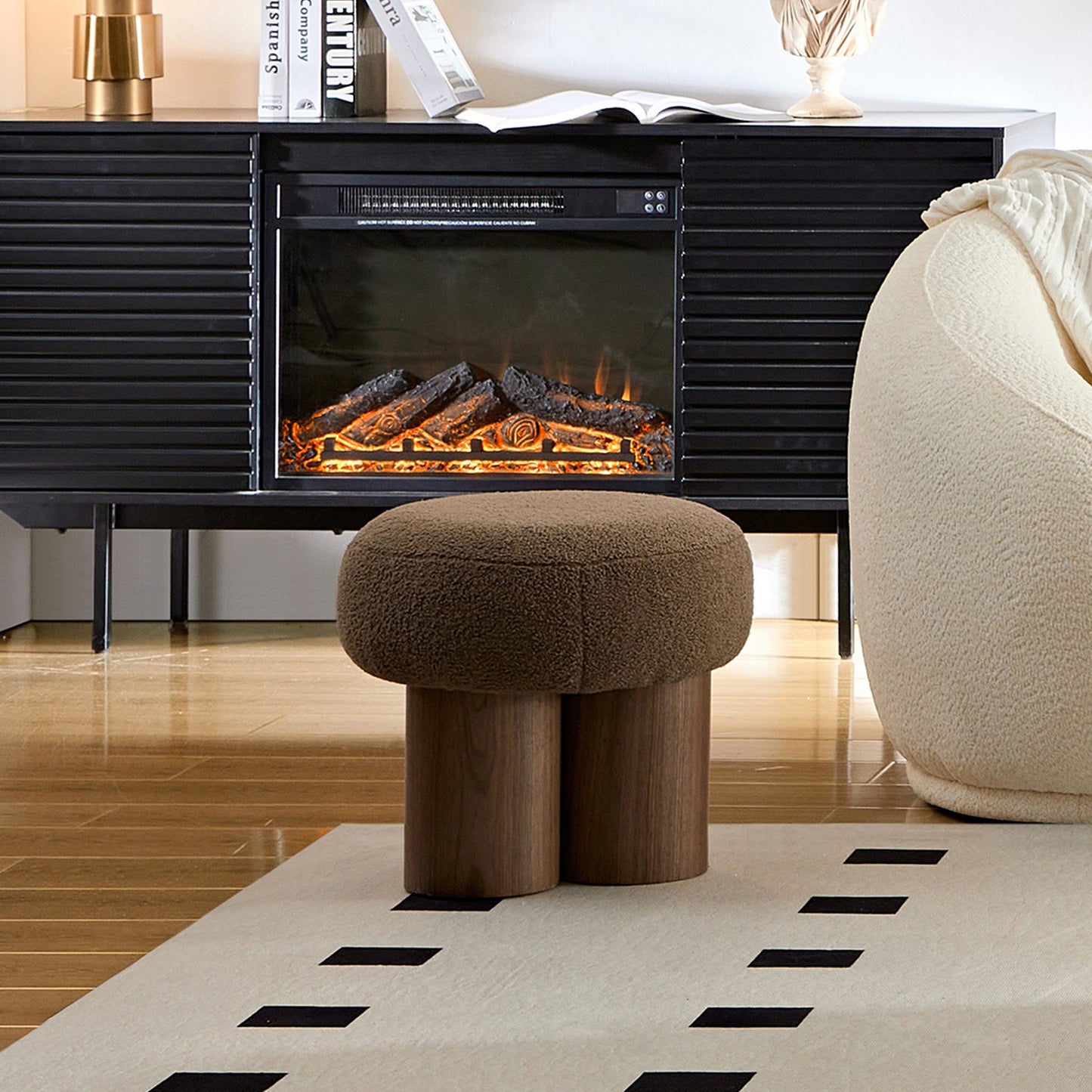 W8017-1 Mushroom Stool, Brown Lamb Wool Seat, Barrel PVC Pipe With