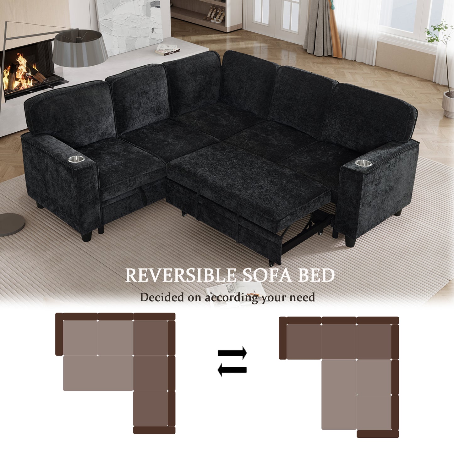 L-Shaped Sofa Bed with Storage & USB Ports - Charcoal Grey