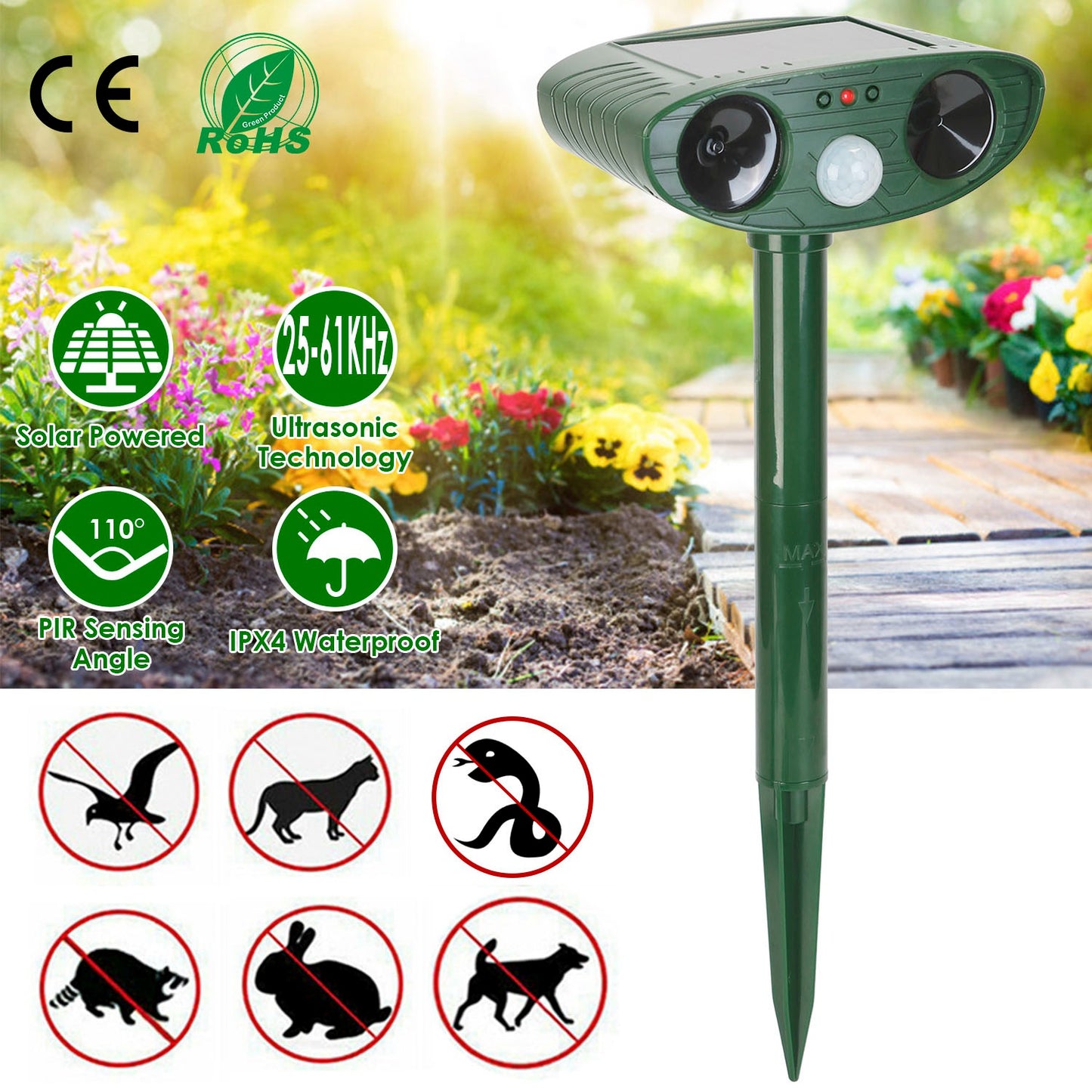 Solar Ultrasonic Animal Repeller with PIR Motion Sensor - Waterproof