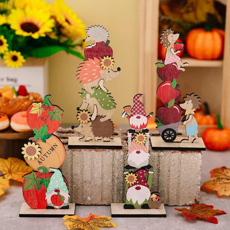 Harvest Season Wooden Christmas Ornaments Set - Hedgehog, Pumpkin, Apple & Doll Styles