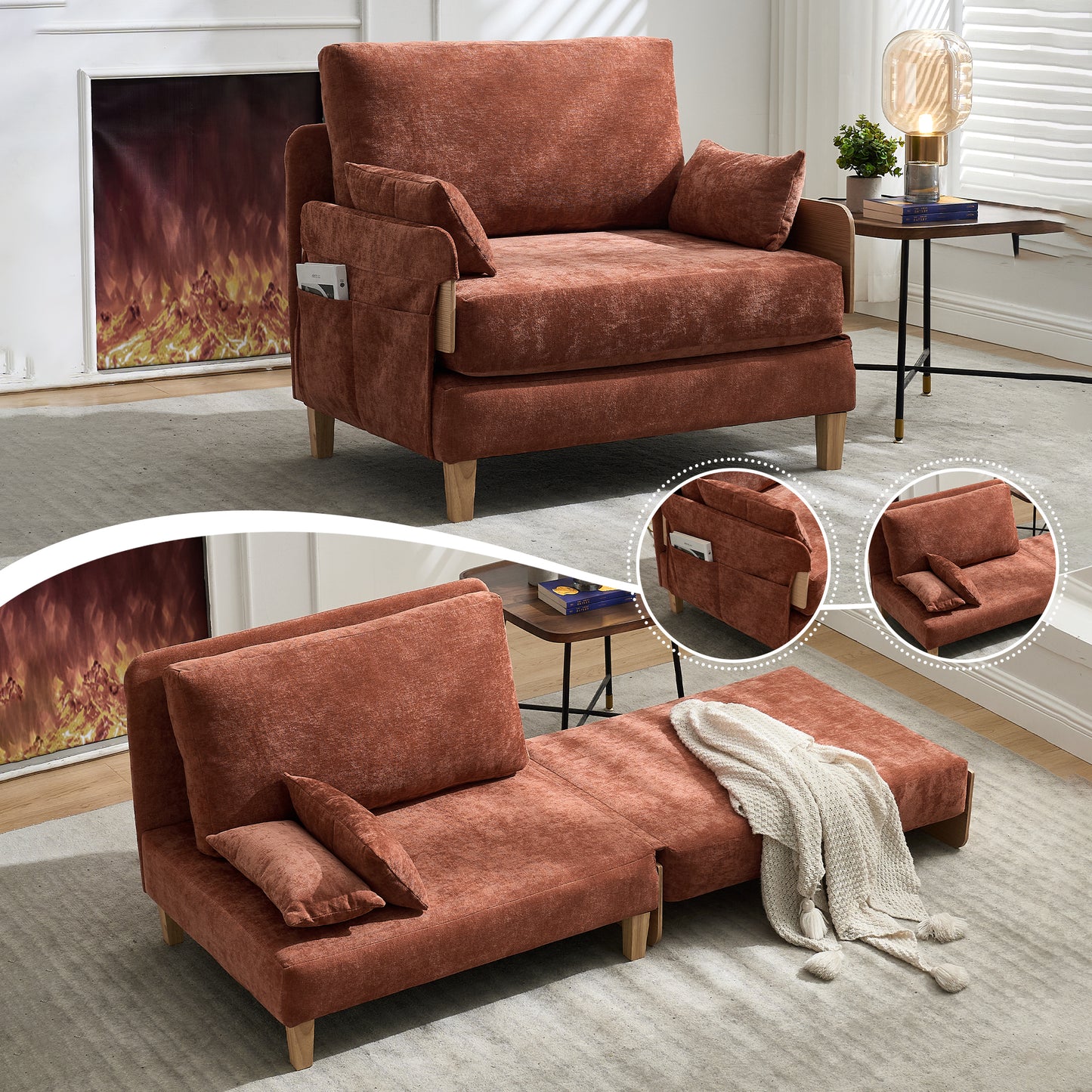 Foldable Sofa Bed Recliner - 3-in-1 Convertible Sleeper, Orange