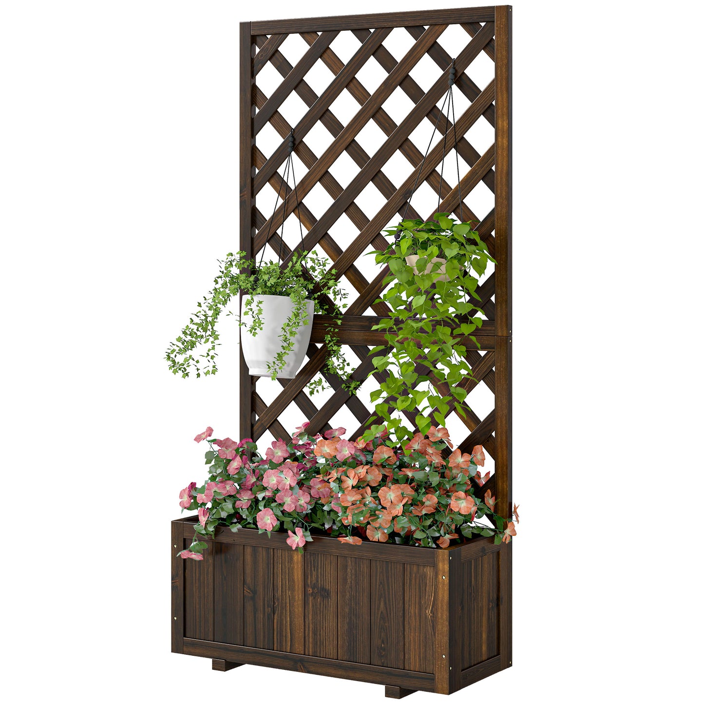 Wooden Raised Garden Bed Planter Box with Trellis and Drain Holes - Brown, 820x820x85 mm