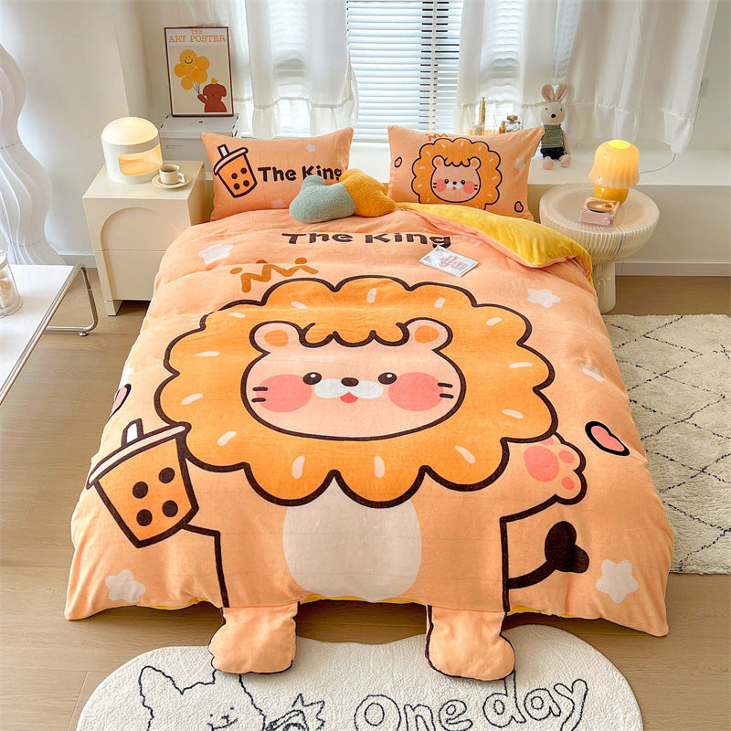 Cartoon Thickened Milk Velvet Bedding Set - Four Piece Kids Bed Linens
