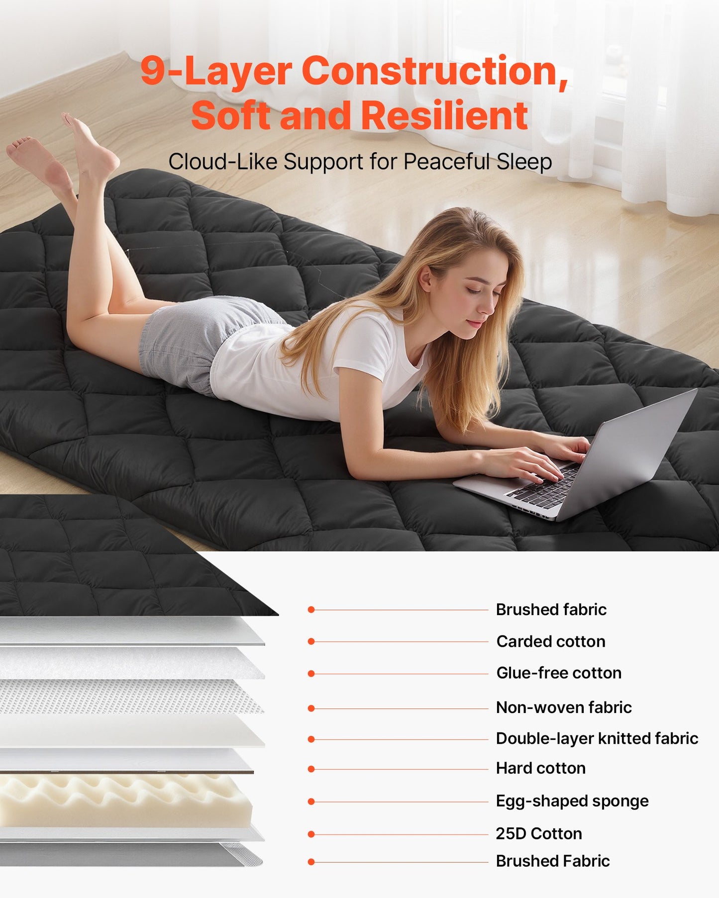 Foldable Japanese Tatami Mattress Twin Size with Storage Bag - 9-Layer Support, Yoga & Meditation Floor Mat