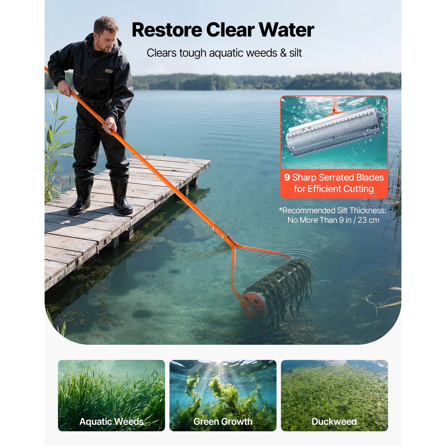 Lake Weed Roller with Stainless Steel Blades and Aluminum Handles - 20 Ft Pond & Lake Muck Removal Tool
