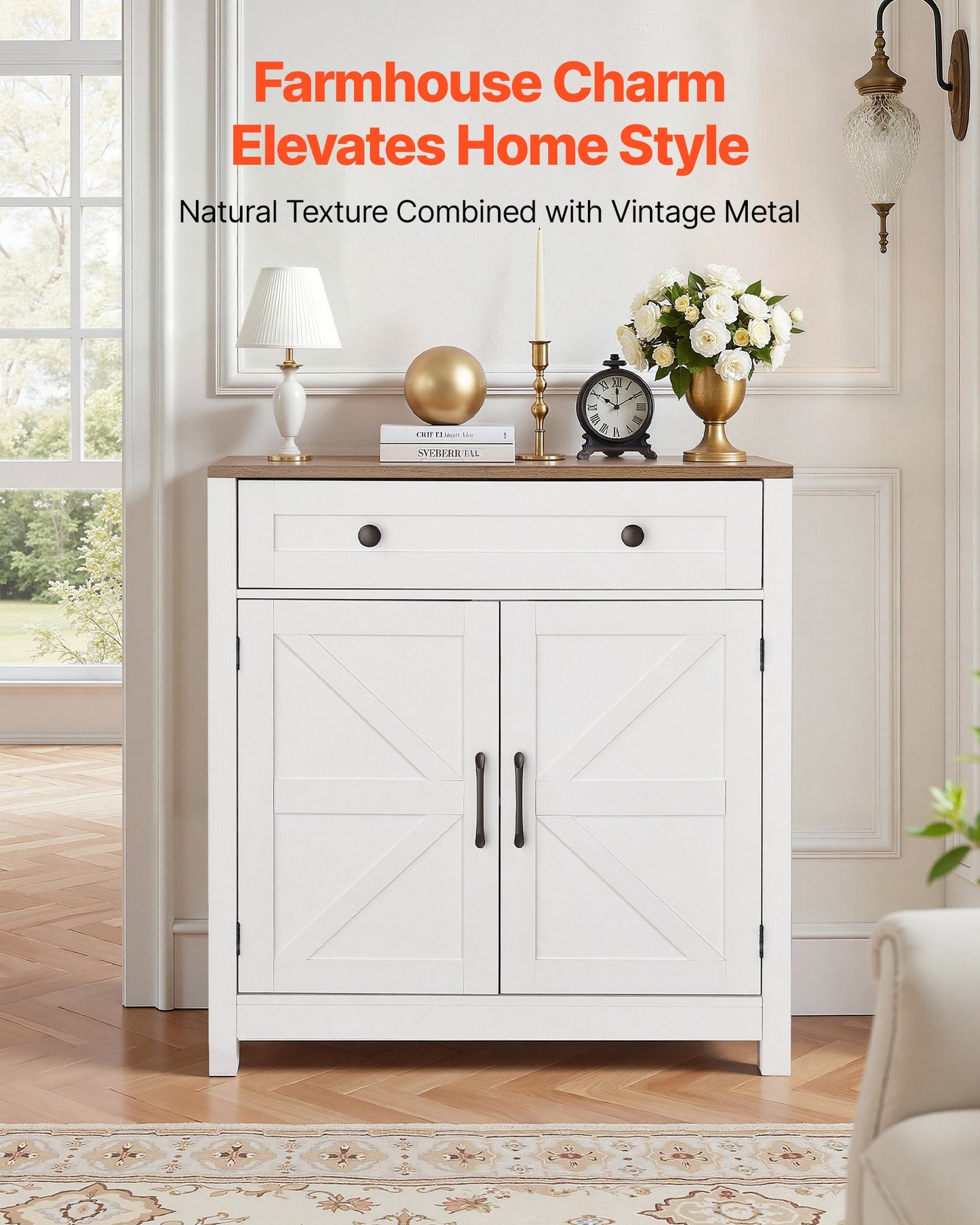 Farmhouse Coffee Bar Cabinet with Drawers and Barn Doors - White