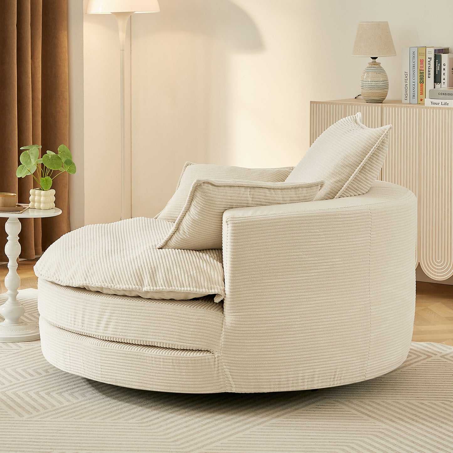 Oversized 360° Swivel Accent Chair with Dual-Layer Cushion - Beige