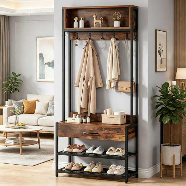 3-in-1 Coat Rack with Bench and Shoe Storage - Black Metal