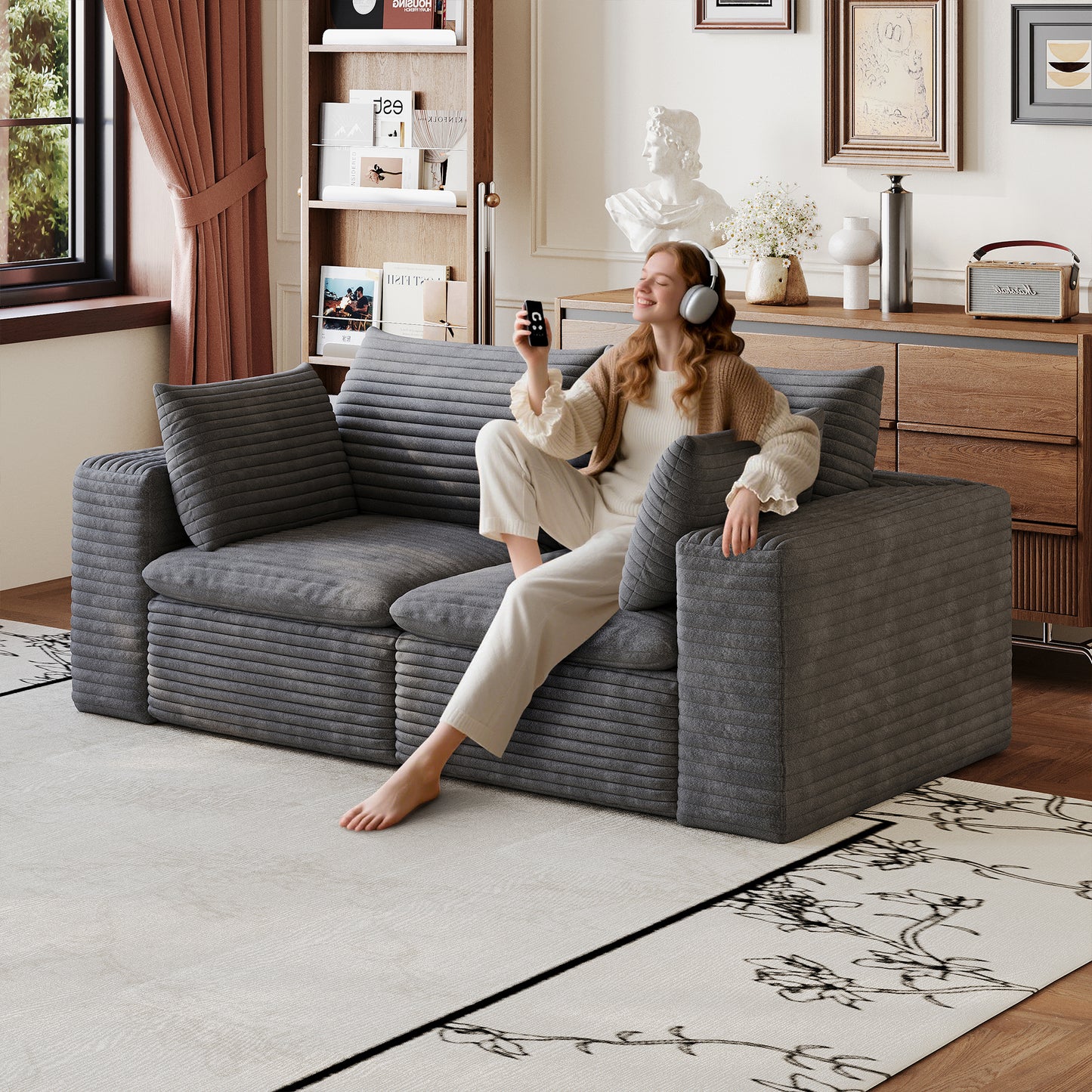 71" Cloud Sofa - Deep Seat Corduroy Couch with Removable Cushion - Dark Grey