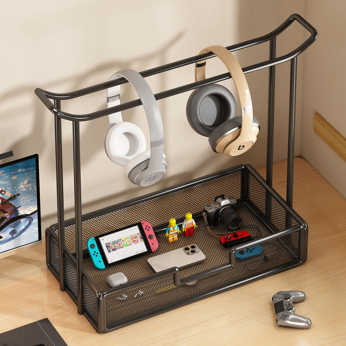 Over-Ear Headphone Stand with Multiple Tiers and Hooks - Modern Iron Storage Organizer