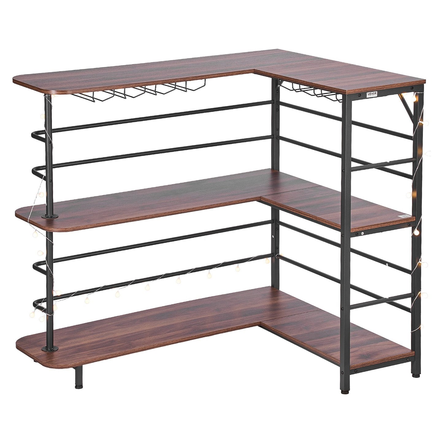 L-Shaped Wine Bar Cabinet with LED Lighting and Storage Shelves - Walnut Finish