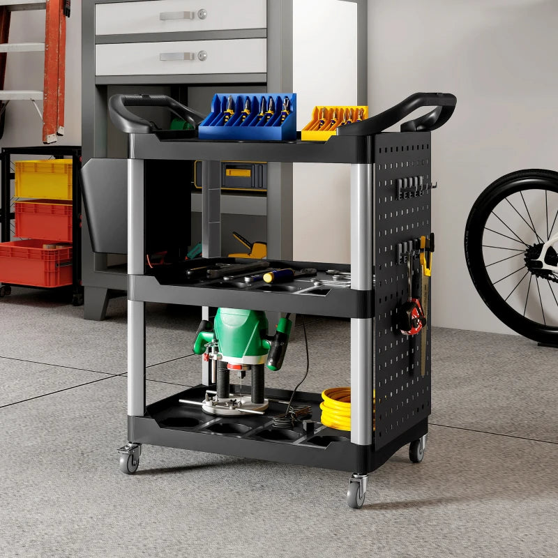 3-Tier Rolling Tool Cart with Side Shelf and Bucket, 200 LBS Capacity, Black & Gray Utility Cart
