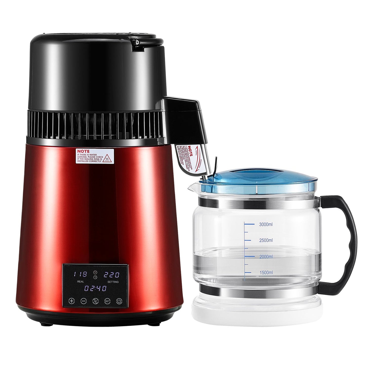 4L Water Distiller Machine with Stainless Steel & Glass - Home Countertop Purifier, Red