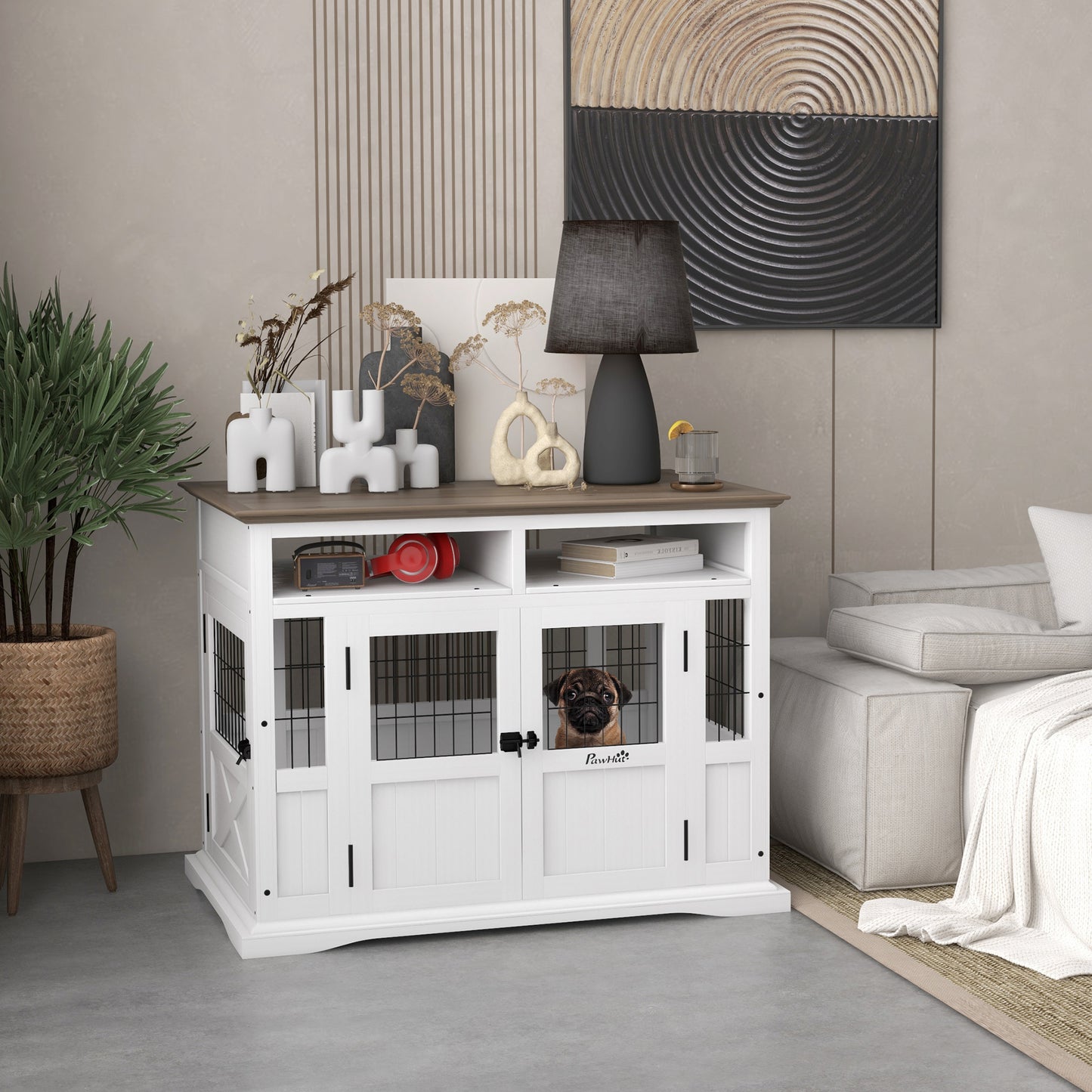 Dog Kennel Side End Table with Storage for Small & Medium Dogs, White
