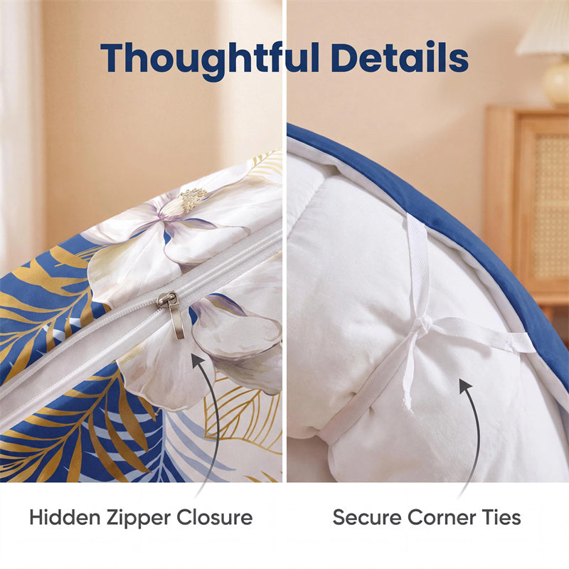 3-Piece Navy Blue & Gold Tropical Floral Duvet Cover Set