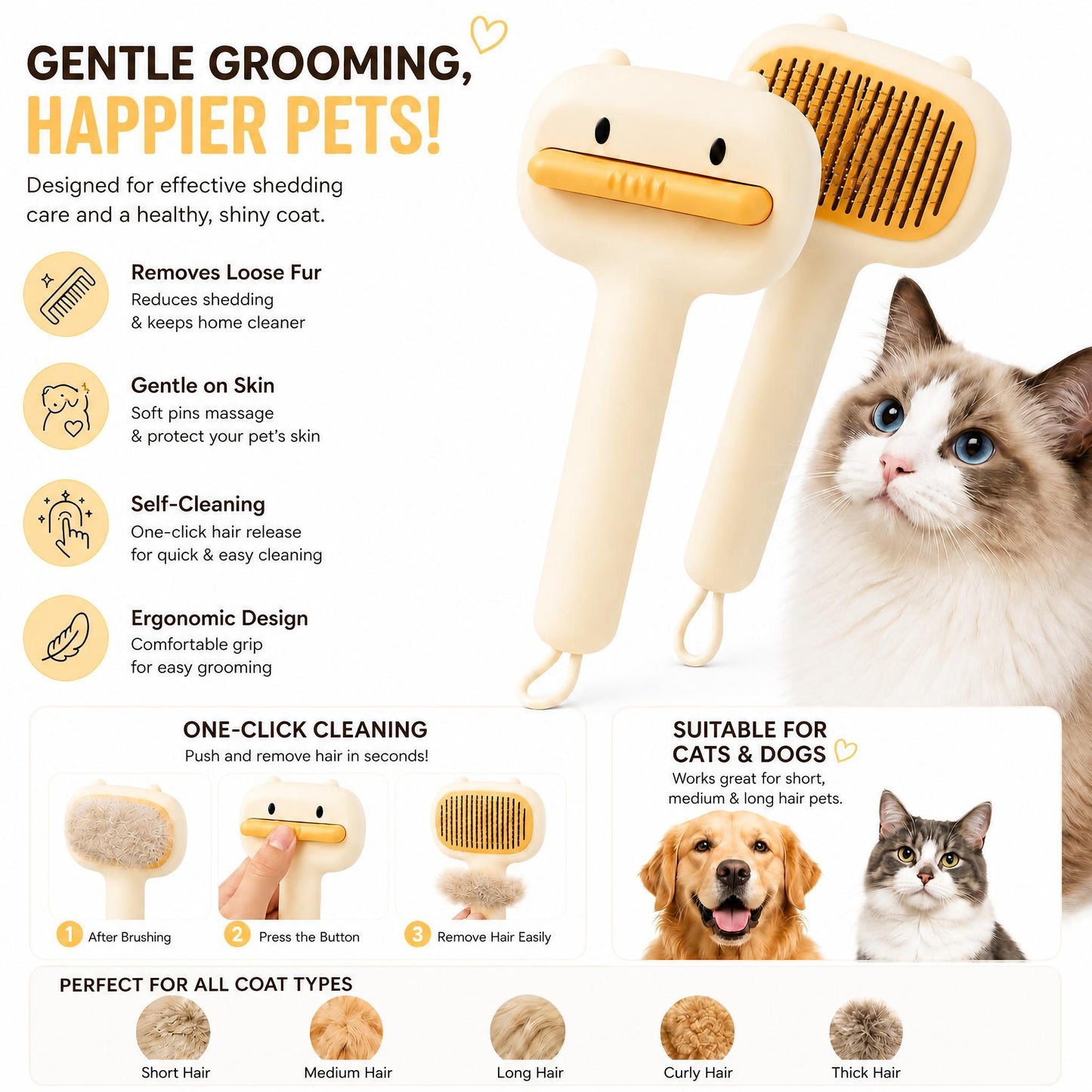 Self-Cleaning Pet Grooming Brush for Cats and Dogs - Deshedding Comb with Non-Slip Handle