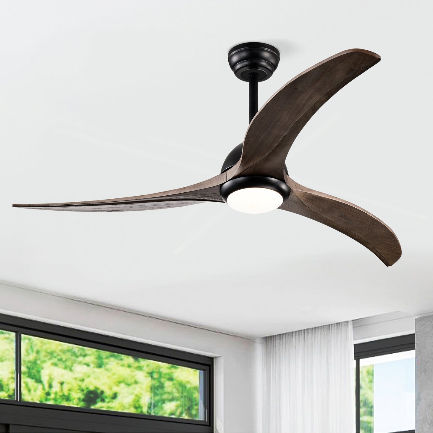 52-Inch Solid Wood Blades Ceiling Fan with Light & Remote Control - Matte Black